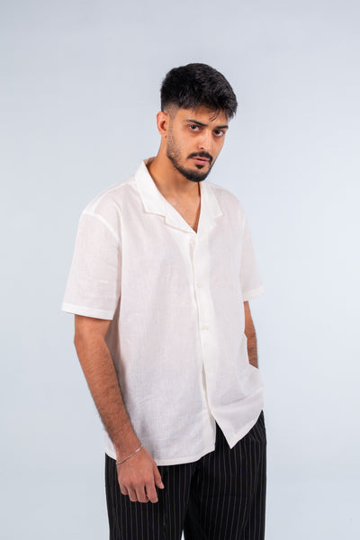 White Short Sleeve Linen Shirt - قميص أبيض كتان نص كم