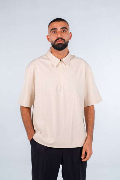 Beige Quarter-Zip Short Sleeve Polo Shirt | قميص بولو بيج نص كم بسوستة