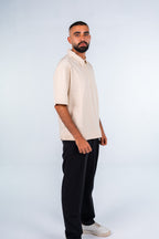 Beige Quarter-Zip Short Sleeve Polo Shirt | قميص بولو بيج نص كم بسوستة