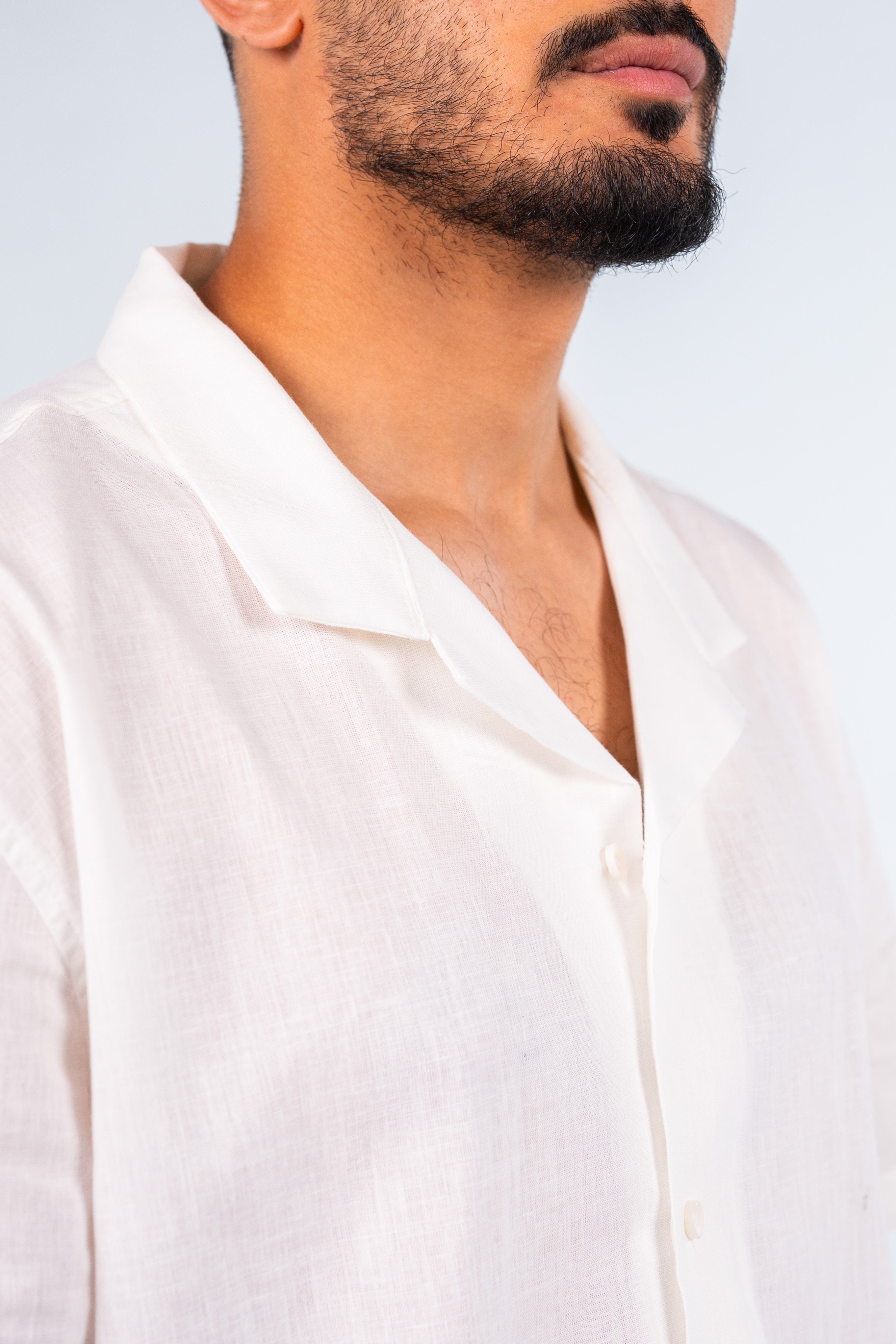 White Short Sleeve Linen Shirt - قميص أبيض كتان نص كم