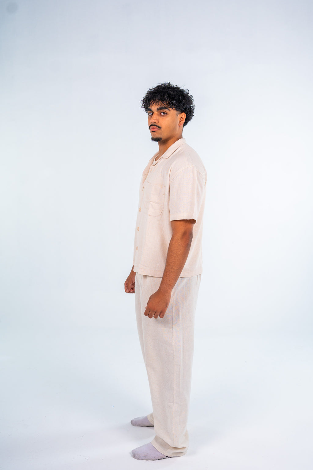 Beige Short Sleeve Linen Shirt | قميص كتان بيج نص كم