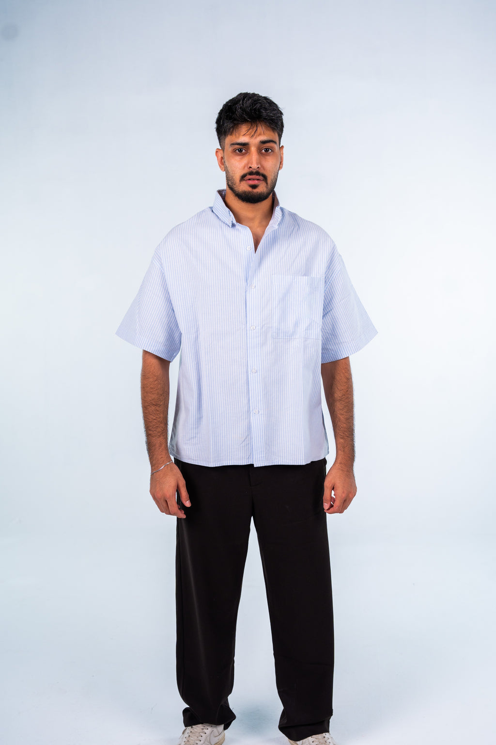 Light Blue Short Sleeve Pinstripe Shirt | قميص أزرق فاتح مقلم نص كم