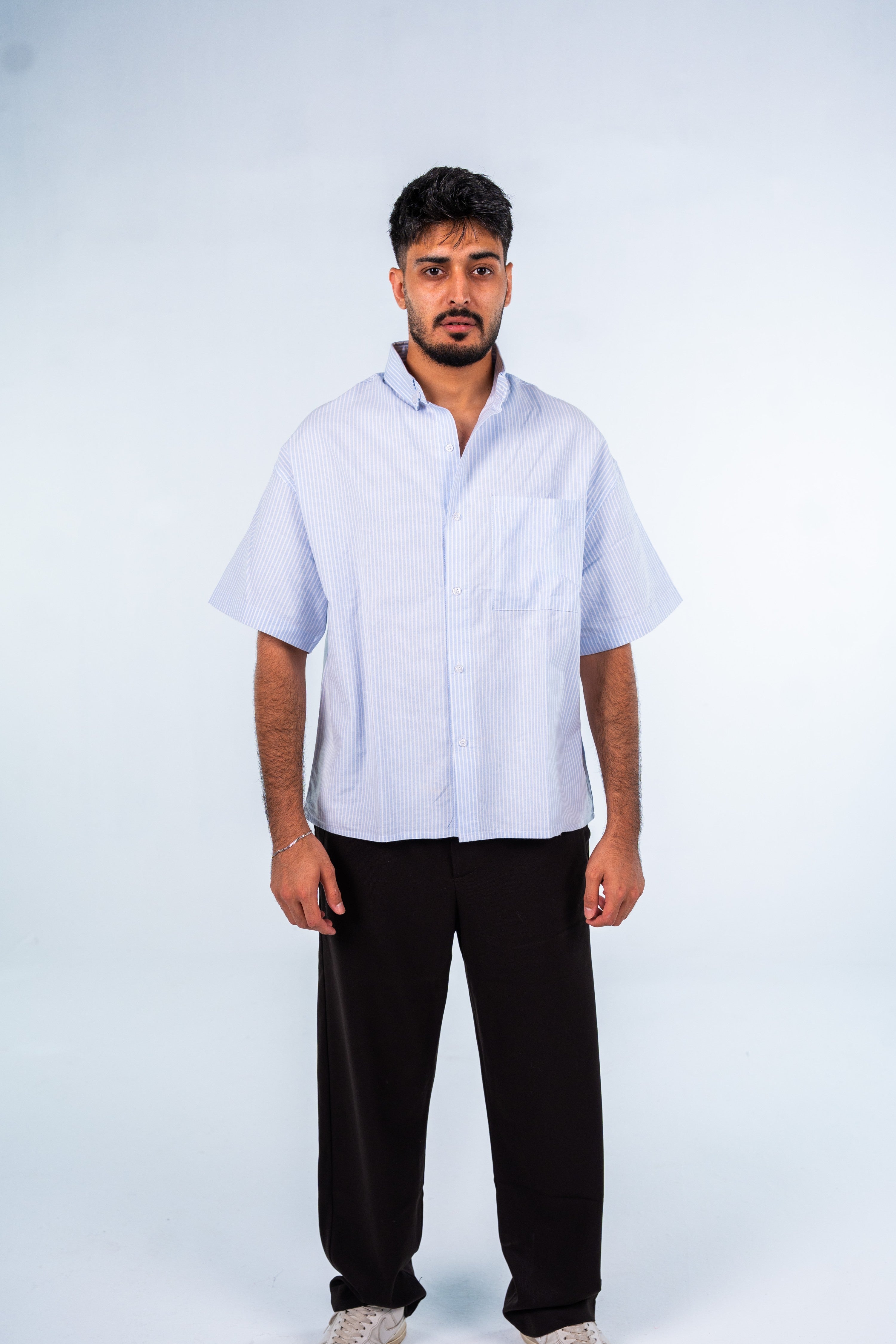 Light Blue Short Sleeve Pinstripe Shirt | قميص أزرق فاتح مقلم نص كم