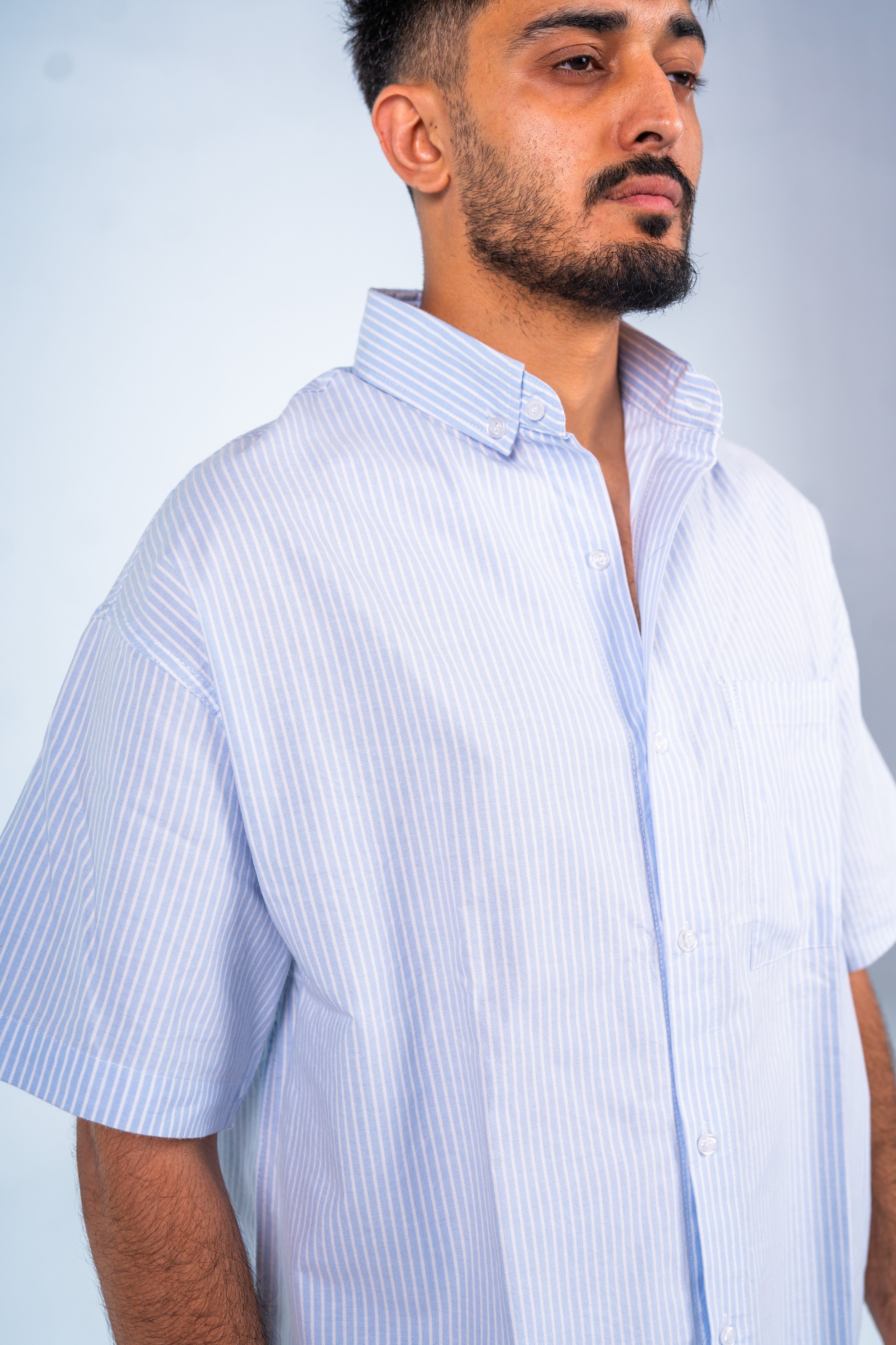 Light Blue Short Sleeve Pinstripe Shirt | قميص أزرق فاتح مقلم نص كم