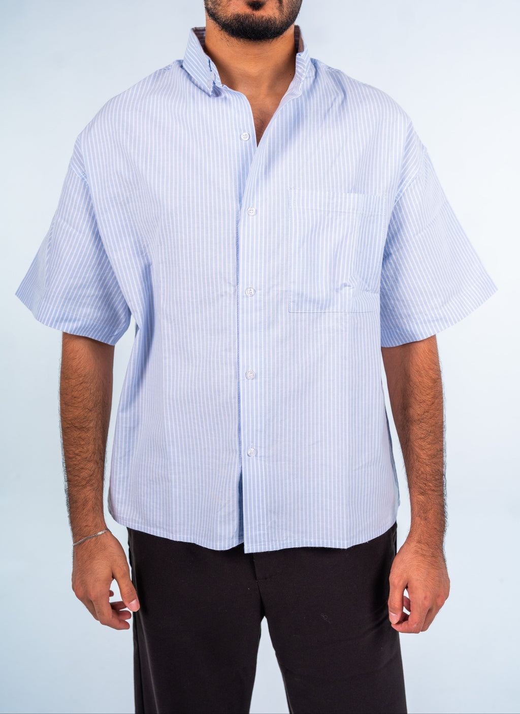 Light Blue Short Sleeve Pinstripe Shirt | قميص أزرق فاتح مقلم نص كم