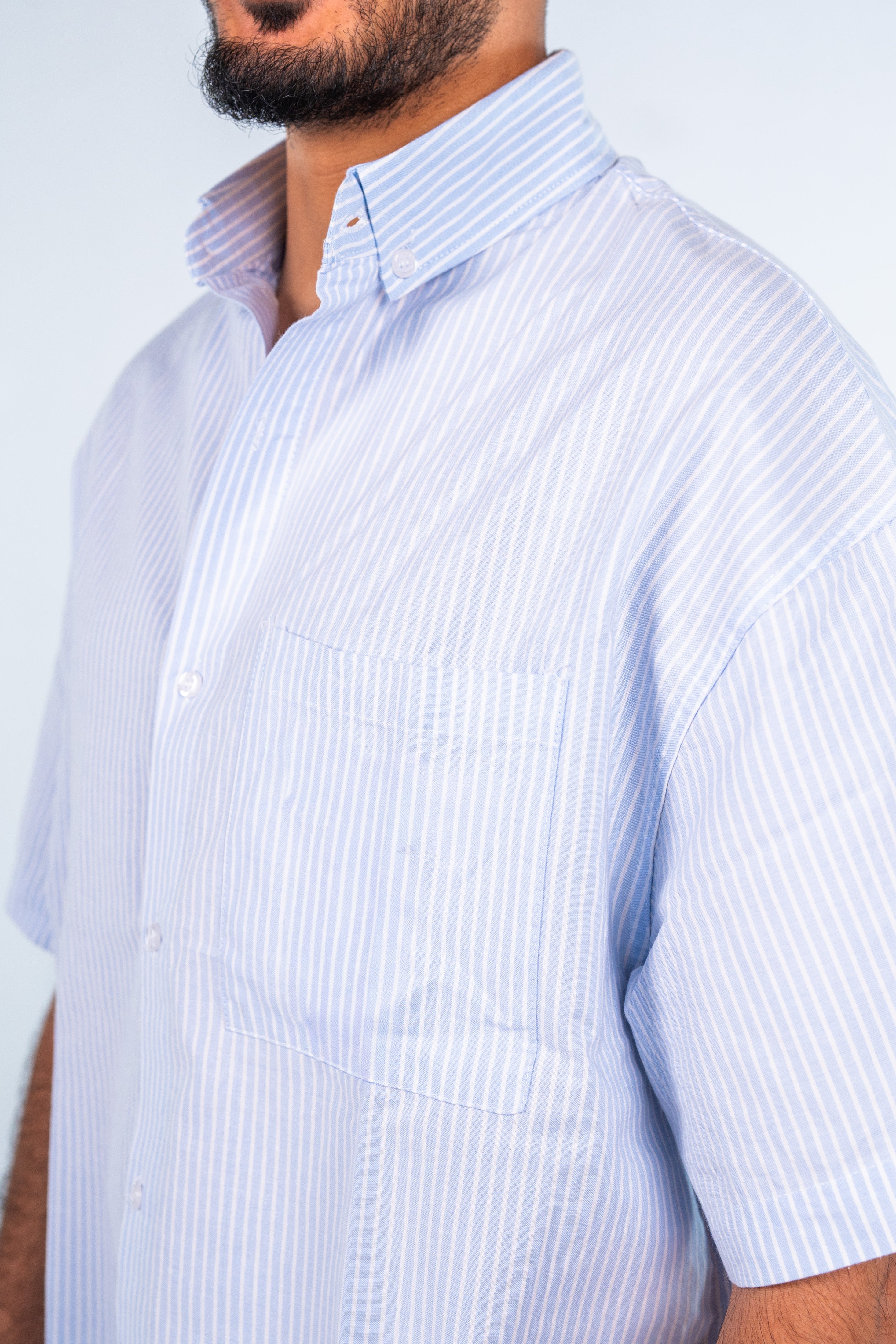 Light Blue Short Sleeve Pinstripe Shirt | قميص أزرق فاتح مقلم نص كم