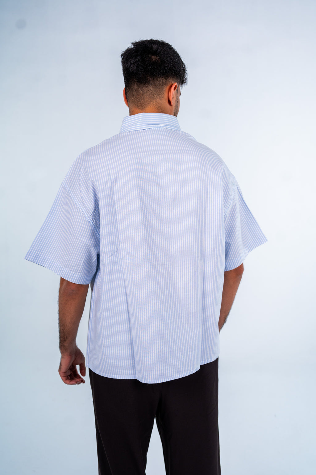 Light Blue Short Sleeve Pinstripe Shirt | قميص أزرق فاتح مقلم نص كم
