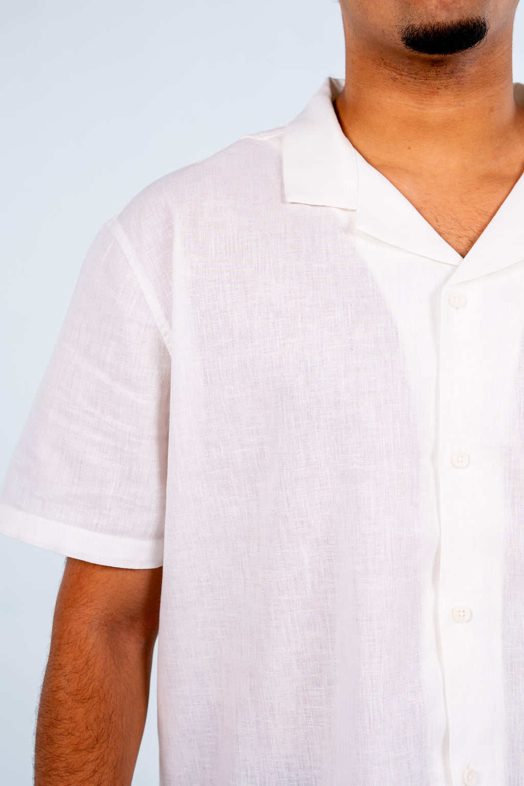 White Short Sleeve Linen Shirt - قميص أبيض كتان نص كم