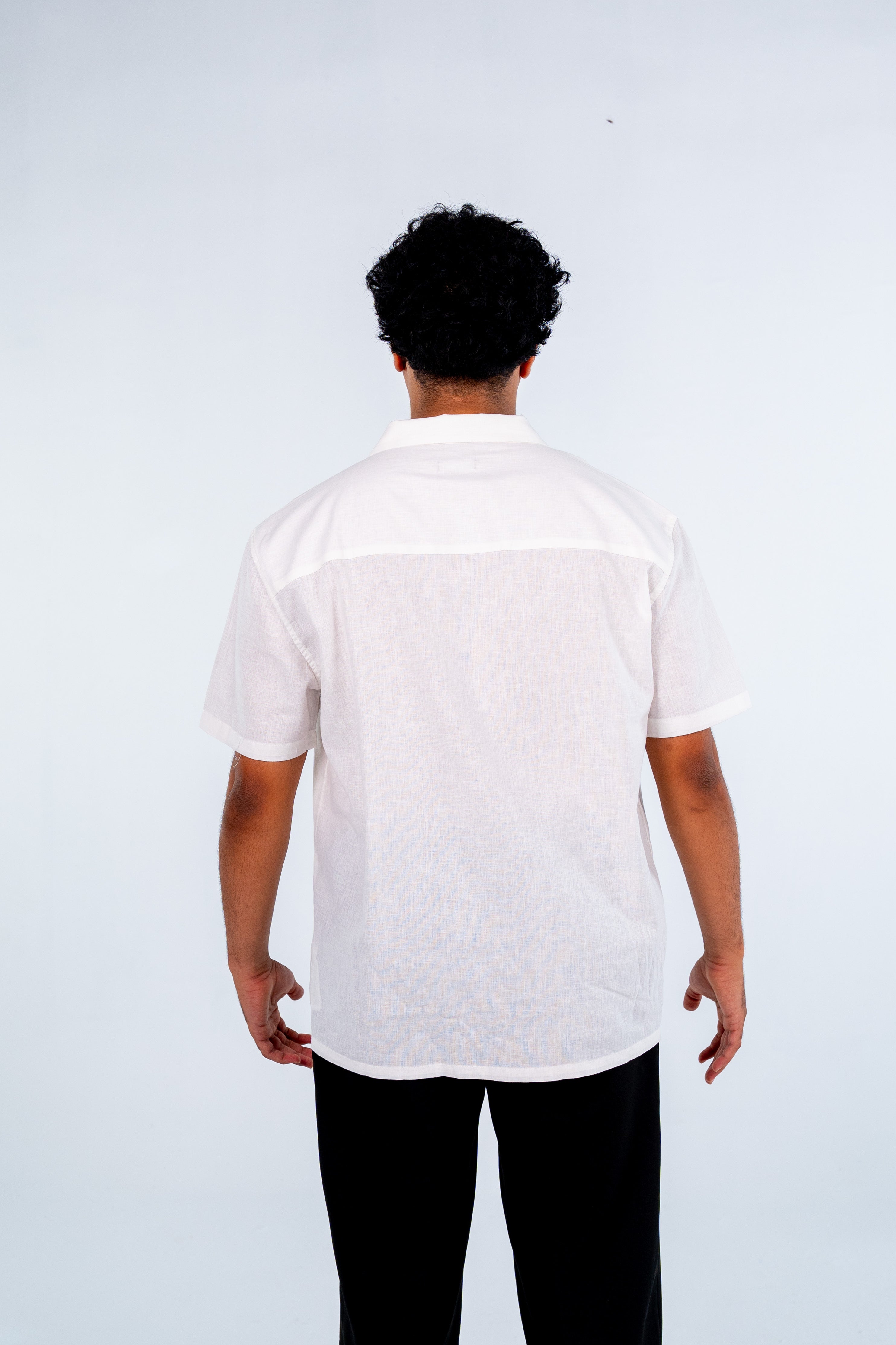 White Short Sleeve Linen Shirt - قميص أبيض كتان نص كم
