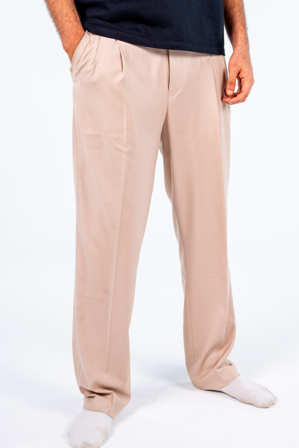 بنطلون بيج كلاسيك بكسرات - Beige Classic Pleated Trousers