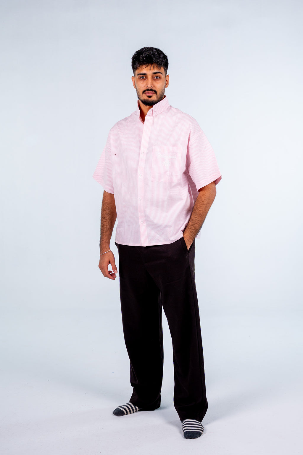 Pink Short Sleeve Pinstripe Shirt | قميص بينك مقلم نص كم