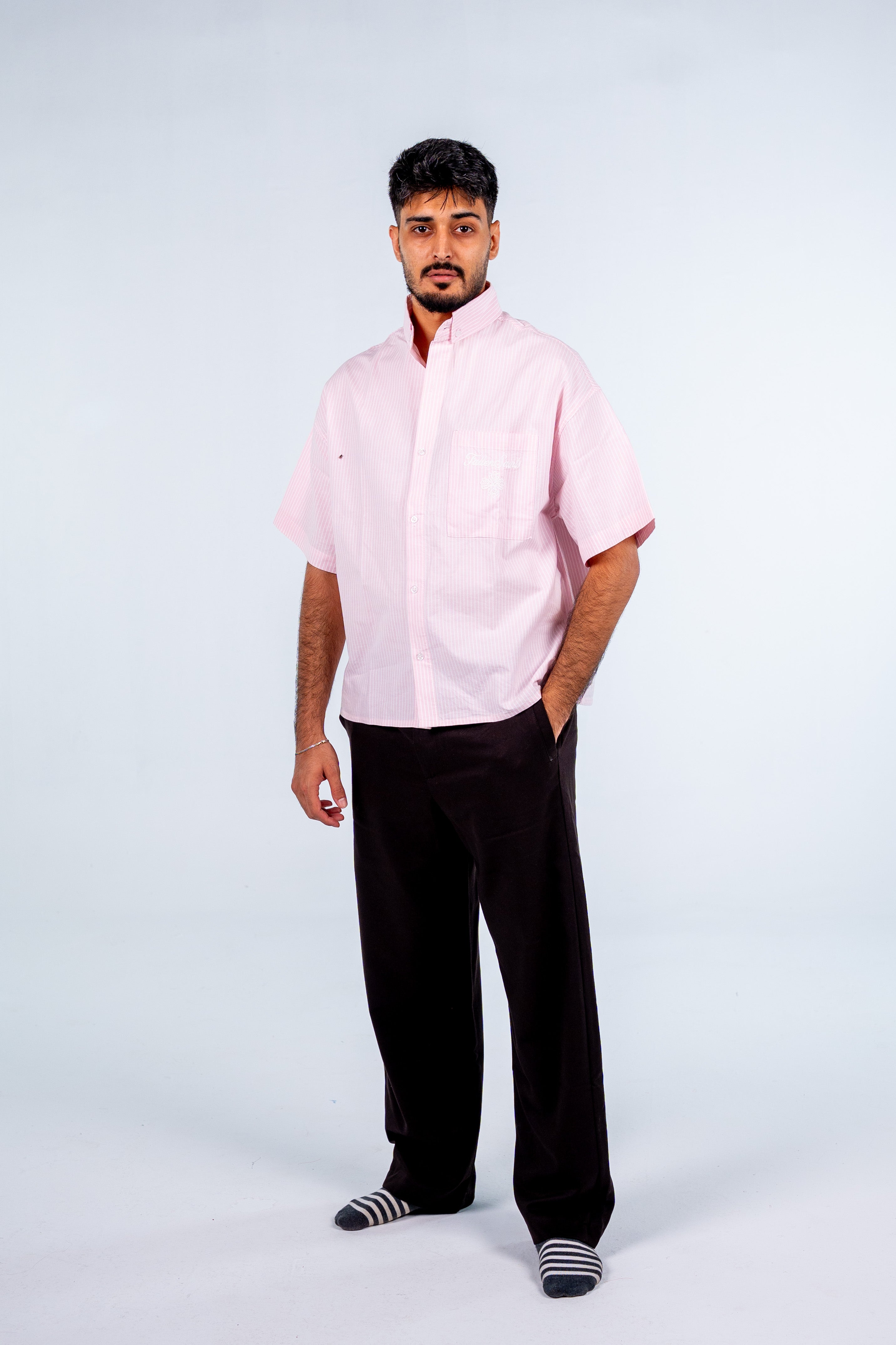 Pink Short Sleeve Pinstripe Shirt | قميص بينك مقلم نص كم