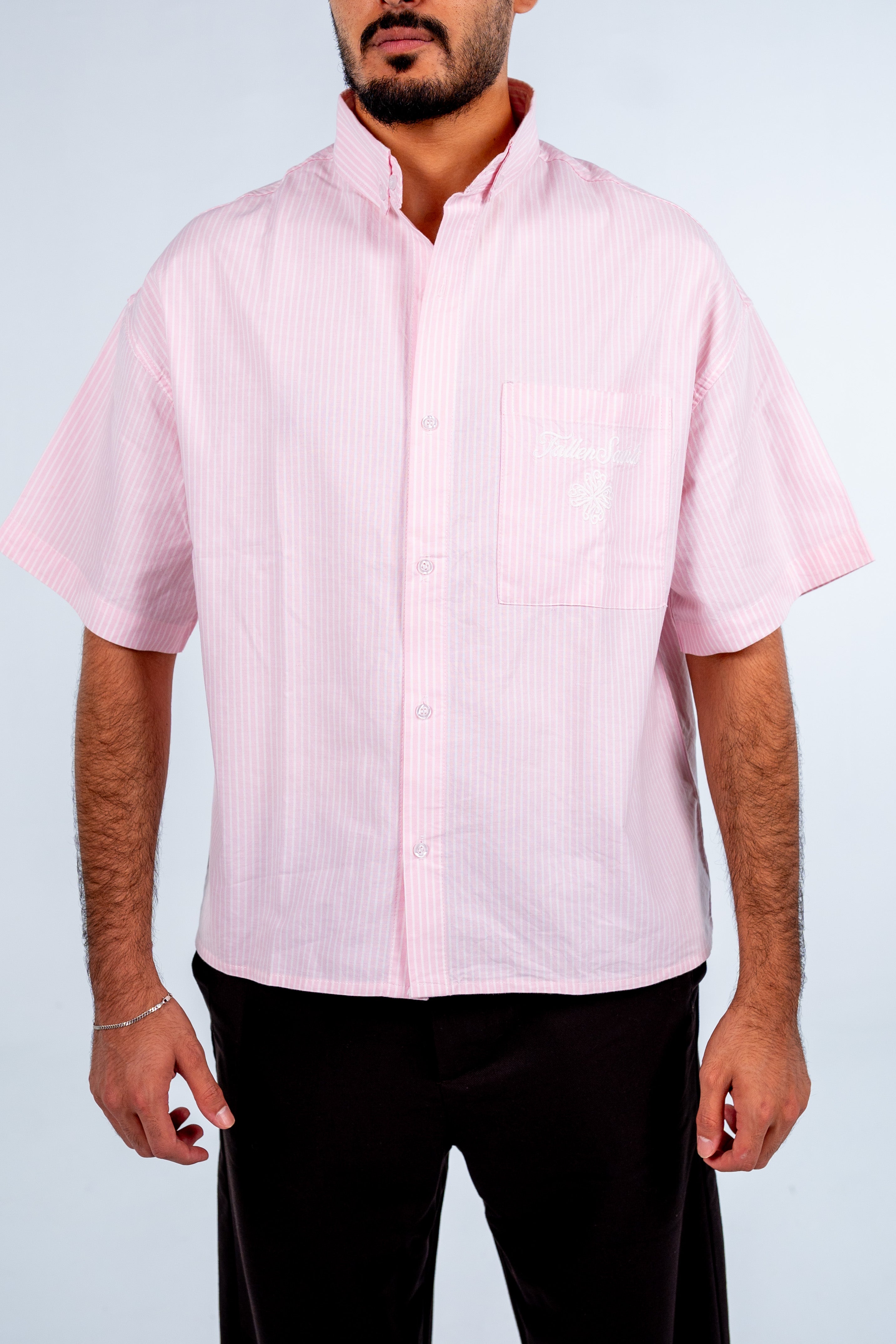 Pink Short Sleeve Pinstripe Shirt | قميص بينك مقلم نص كم