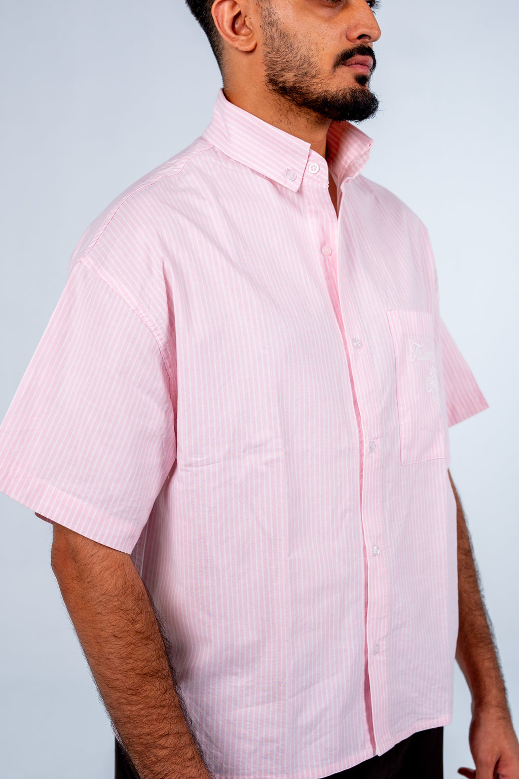 Pink Short Sleeve Pinstripe Shirt | قميص بينك مقلم نص كم