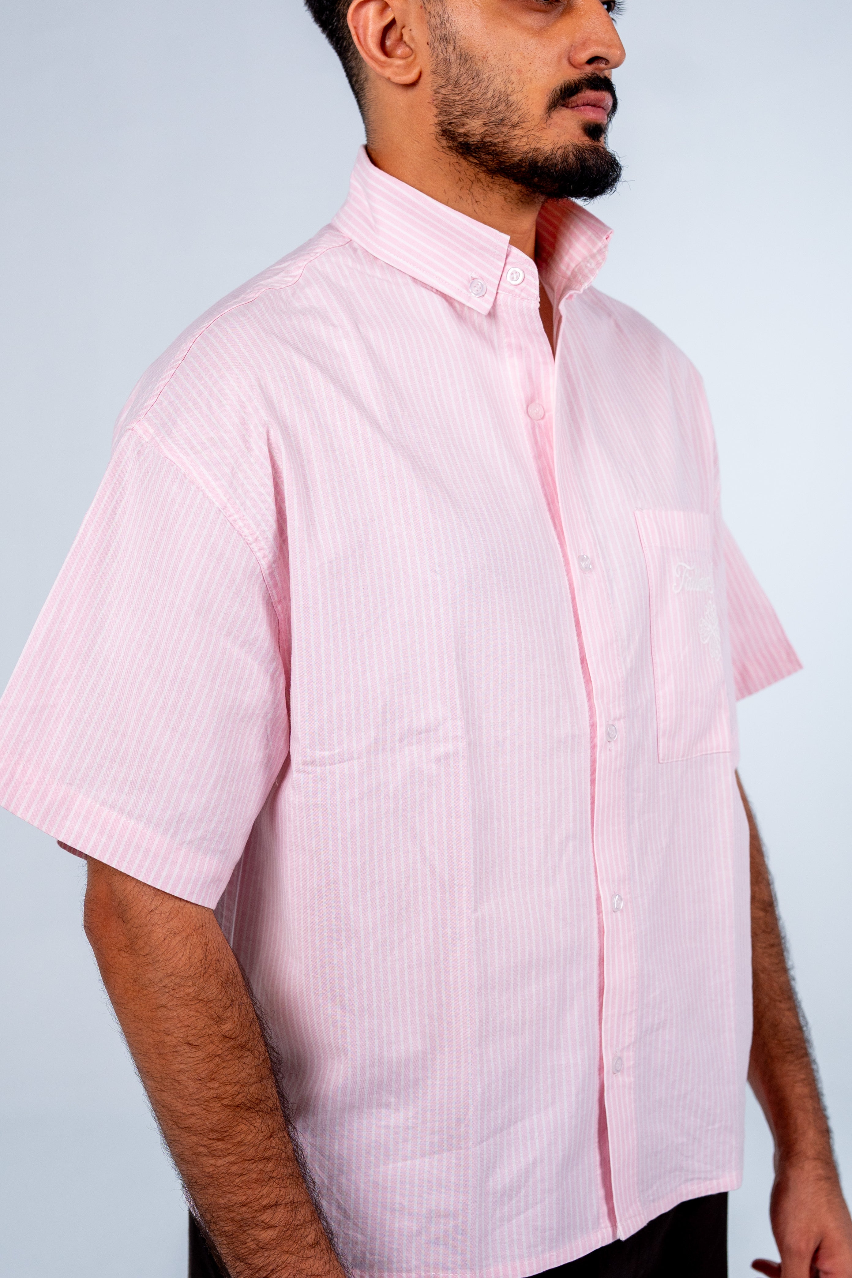 Pink Short Sleeve Pinstripe Shirt | قميص بينك مقلم نص كم