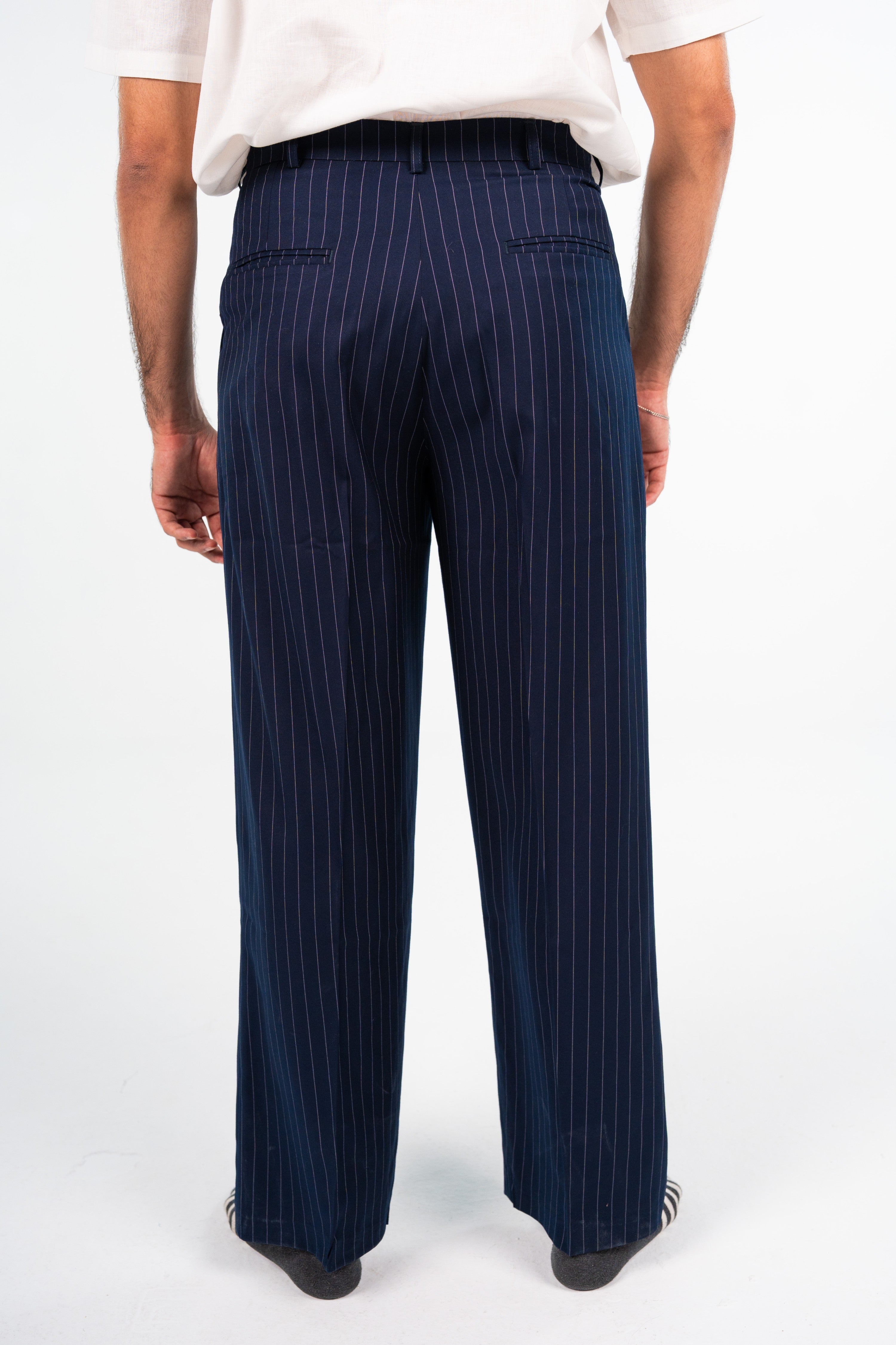 Navy Blue Classic Pinstripe Pleated Trousers - بنطلون كلاسيك كحلي مقلم بكسرات